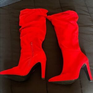 Red Suede Knee-High Boots